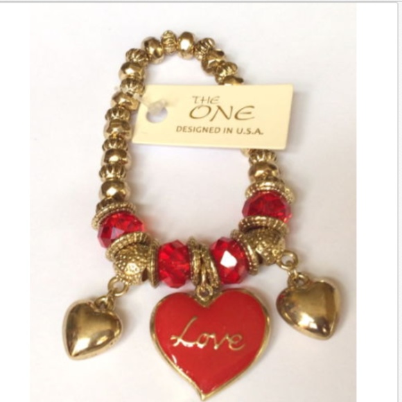 Gold Heart Charm Bracelet Red Enamel LOVE Chunky - Picture 1 of 8